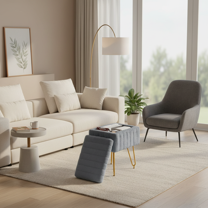 Makeup bench storage bench, Makeup bench bench with metal legs and soft faux fur surface, Flip-up footrest with upholstered seat - gallery 2