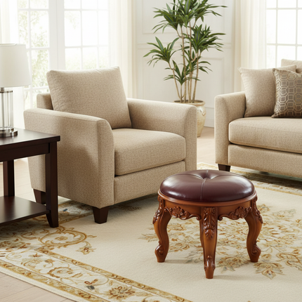 Retro Carved Small Stool Luxury Leather Cushion Creative Low Seat Elegant Room Sofa Chair Stylish Seating Decorative Footrest - gallery 2