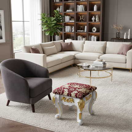 European Velvet Tufted Stool with Storage: Vintage Coffee Table Ottoman, Solid Wooden Seat, Gold Embroidery Accent Footrest - gallery 2