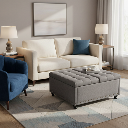 REDLIFE 35" Large Square Storage Ottoman Bench, Upholstered Coffee Table ,Lift Top Storage Ottoman Tufted Fabric for Living Room - gallery 2