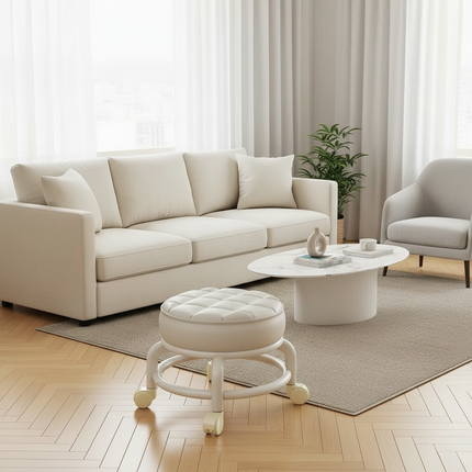 Low Stool with Wheels，Leather Fabric Portable Small Round Waterproof Durable Stool Thickening Seat Cushion Simple Soft Stool - gallery 2