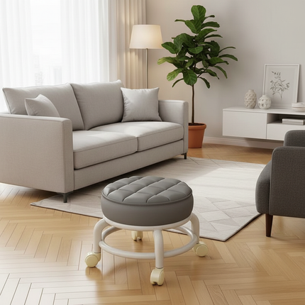 Low Stool with Wheels，Leather Fabric Portable Small Round Waterproof Durable Stool Thickening Seat Cushion Simple Soft Stool - gallery 2