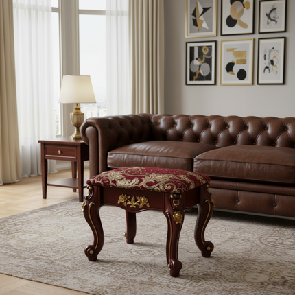 European Velvet Tufted Stool with Storage: Vintage Coffee Table Ottoman, Solid Wooden Seat, Gold Embroidery Accent Footrest - gallery 2