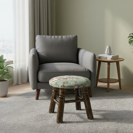 ‌Premium Velvet Upholstered Pouf Ottoman‌ - Solid Wood Leg Round Coffee Table Footrest European Style Extra Seat for Living Room - gallery 2