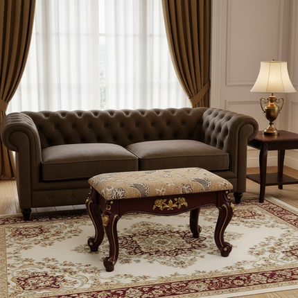 European Velvet Tufted Stool with Storage: Vintage Coffee Table Ottoman, Solid Wooden Seat, Gold Embroidery Accent Footrest - gallery 2