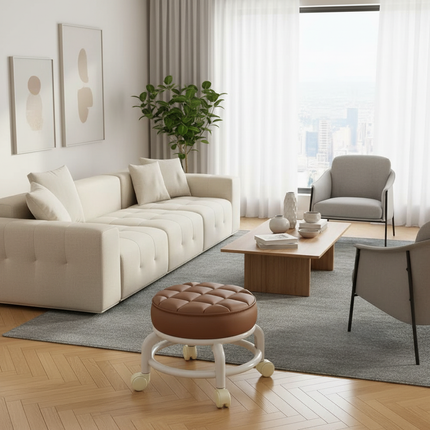 Low Stool with Wheels，Leather Fabric Portable Small Round Waterproof Durable Stool Thickening Seat Cushion Simple Soft Stool - gallery 2
