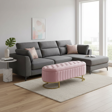 Multifunctional sofa stool 120x40 cm foot rest large storage space with pouf storage fabric pink velvet - gallery 2