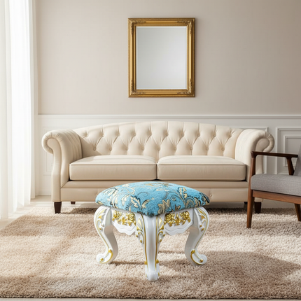 European Velvet Tufted Stool with Storage: Vintage Coffee Table Ottoman, Solid Wooden Seat, Gold Embroidery Accent Footrest - gallery 2