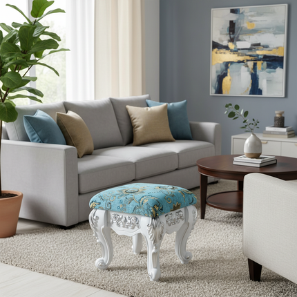 European Velvet Tufted Stool with Storage: Vintage Coffee Table Ottoman, Solid Wooden Seat, Gold Embroidery Accent Footrest - gallery 2