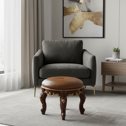 Retro Carved Small Stool Luxury Leather Cushion Creative Low Seat Elegant Room Sofa Chair Stylish Seating Decorative Footrest - gallery 2