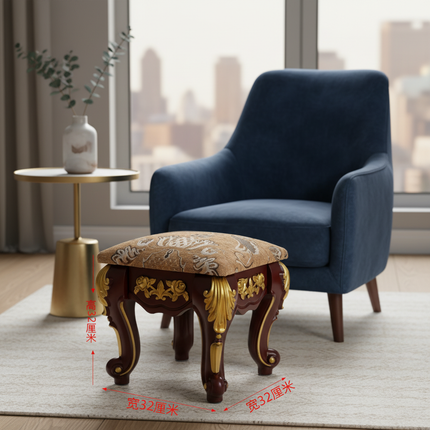 European Velvet Tufted Stool with Storage: Vintage Coffee Table Ottoman, Solid Wooden Seat, Gold Embroidery Accent Footrest - gallery 2