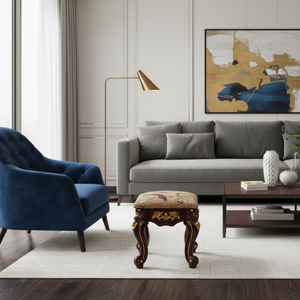 European Velvet Tufted Stool with Storage: Vintage Coffee Table Ottoman, Solid Wooden Seat, Gold Embroidery Accent Footrest - gallery 2