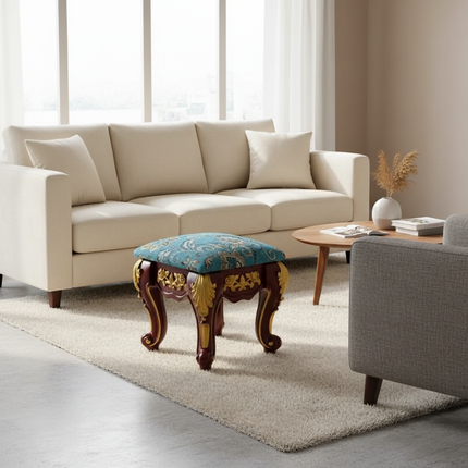 European Velvet Tufted Stool with Storage: Vintage Coffee Table Ottoman, Solid Wooden Seat, Gold Embroidery Accent Footrest - gallery 2