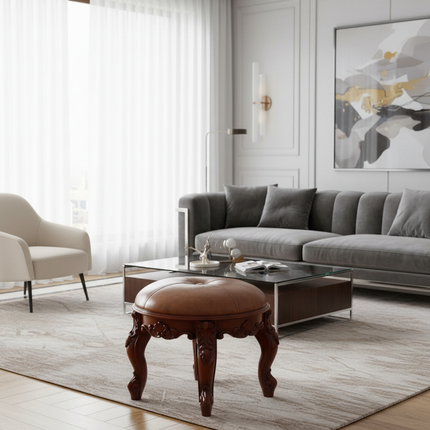 Retro Carved Small Stool Luxury Leather Cushion Creative Low Seat Elegant Room Sofa Chair Stylish Seating Decorative Footrest - gallery 2