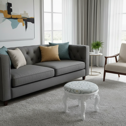 Retro Fabric Dressing Chair, Child Round Stool, Dressing Seat, Home Furniture, Living Room Dinning Chair, ABS Leg, Round Ottoman - gallery 2