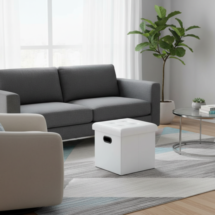 1PC Faux Leather White/Black Footstool Cube Chest Ottoman Pouf Footrest with Storage Foldable Stool Storage Box Home Seat Bench - gallery 2