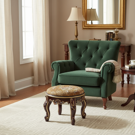 Retro Fabric Dressing Chair, Child Round Stool, Dressing Seat, Home Furniture, Living Room Dinning Chair, ABS Leg, Round Ottoman - gallery 2