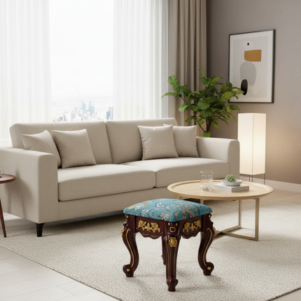 European Velvet Tufted Stool with Storage: Vintage Coffee Table Ottoman, Solid Wooden Seat, Gold Embroidery Accent Footrest - gallery 2