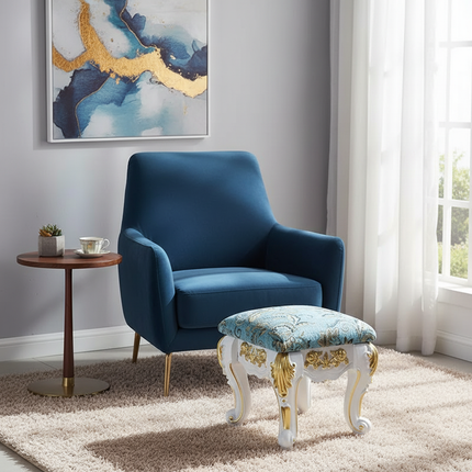 European Velvet Tufted Stool with Storage: Vintage Coffee Table Ottoman, Solid Wooden Seat, Gold Embroidery Accent Footrest - gallery 2