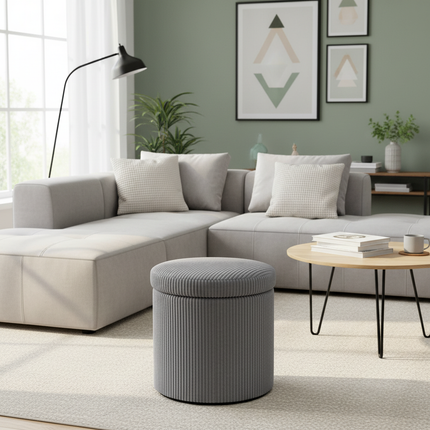 Homcom Puff with Round Storage Upholstered in Corduroy with Stable and Soft Padded Steel Frame Ø40X41 cm Light Gray - gallery 2