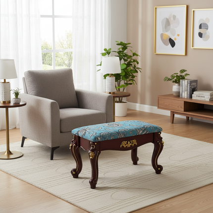 European Velvet Tufted Stool with Storage: Vintage Coffee Table Ottoman, Solid Wooden Seat, Gold Embroidery Accent Footrest - gallery 2