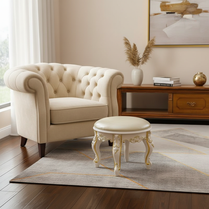 Retro Fabric Dressing Chair, Child Round Stool, Dressing Seat, Home Furniture, Living Room Dinning Chair, ABS Leg, Round Ottoman - gallery 2