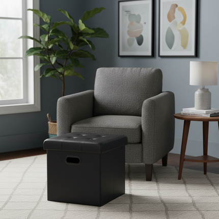 1PC Faux Leather White/Black Footstool Cube Chest Ottoman Pouf Footrest with Storage Foldable Stool Storage Box Home Seat Bench - gallery 2