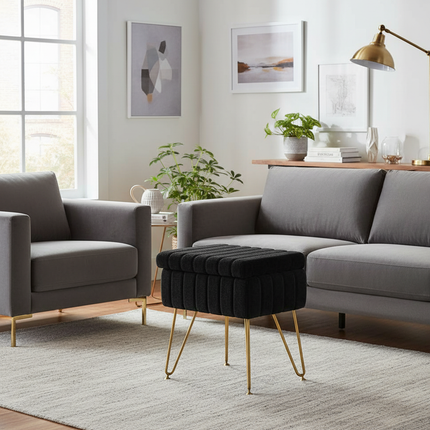 Makeup bench storage bench, Makeup bench bench with metal legs and soft faux fur surface, Flip-up footrest with upholstered seat - gallery 2