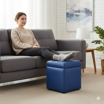 Repose Pied Salon Bleu Capitonné Rangement